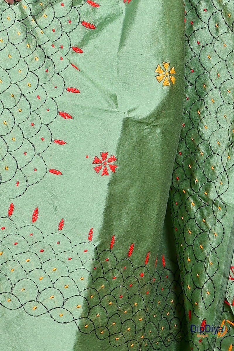 Emerald Green Cotton Blended Soumika Kantha Stitch Saree (592)